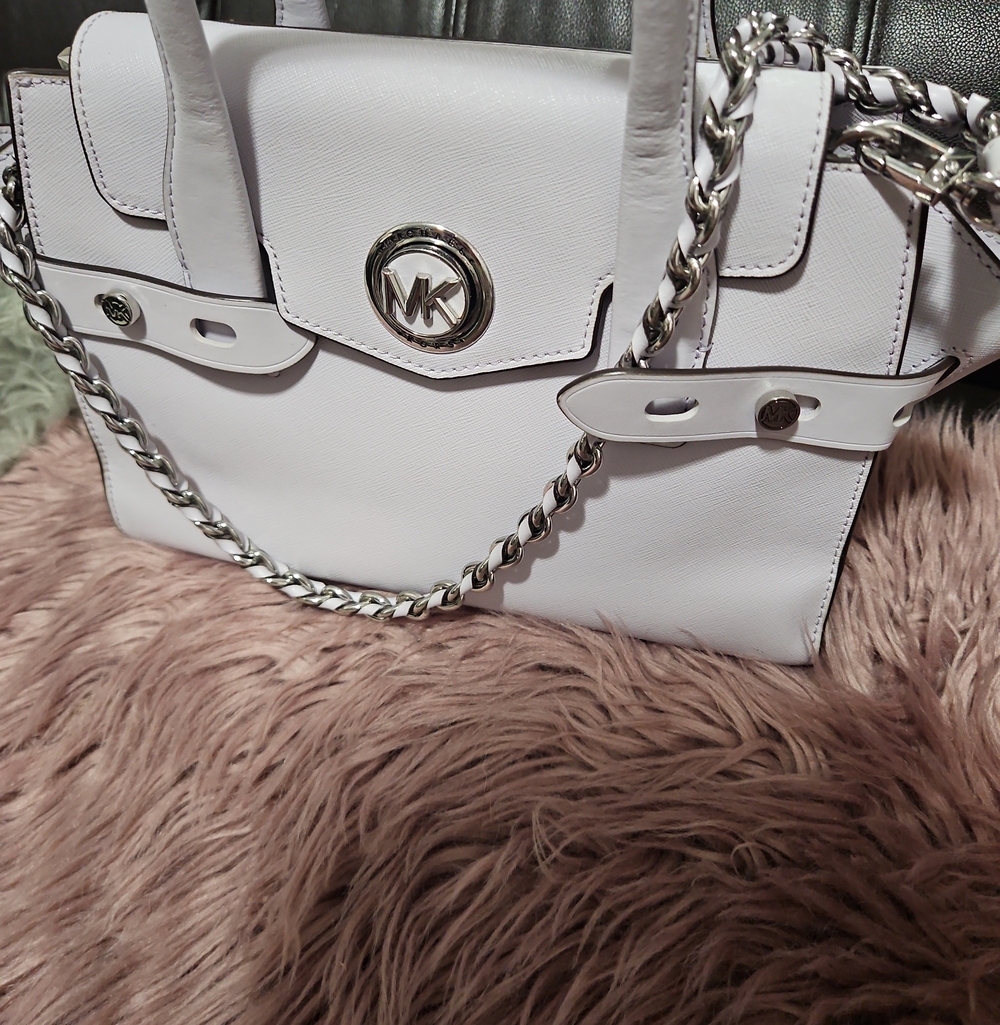 Michael Kors White Saffiano Leather Satchel with Silver Chain